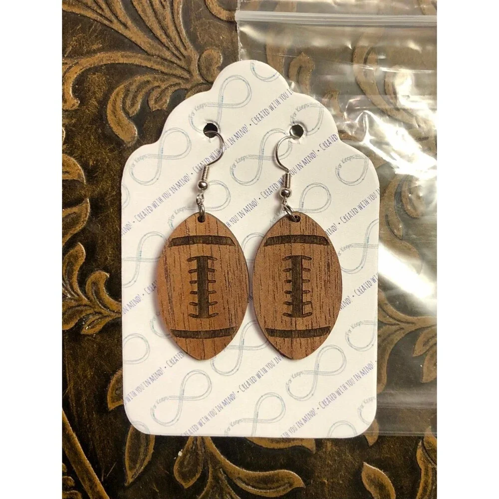 For Keeps Wooden Football Earrings Brand New On Card In Packaging